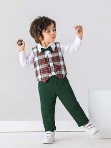 BOARNSEORL 3 Stücke Anzug-Set für junge Herren: Langarm-Weißes Hemd mit Fliege, Weste und Hose, modisches, stilvolles Outfit für Geburtstagsparty, formelles Abendessen, Outdoor-Hochzeit, Pageboy