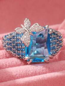 Luxurious Marine Blue Square Geometry Exquisite Synthetic Zirconia Rings, 3D Butterfly Designs, Exquisite Men's And Women's Rings For Banquet Parties, Cocktail Parties, And Other Events - Silver - View 6