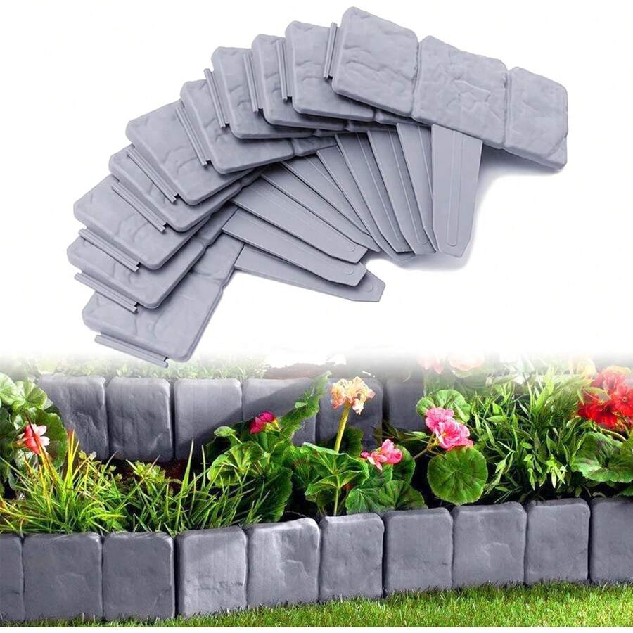 JOIEYOU Beeteinfassung Rasenkante, Kunstoff Steinoptik Raseneinfassung 2,5 M, Flexibler PP Beetumrandungen für Blumen, Gartenzaun decorativ - Grau - Übersicht 1