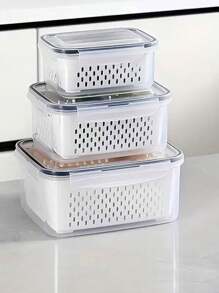 1pc/3pcs Plastic Food Storage Containers Set With Draining Basket And Lid - Leak-Proof, Fridge Safe, Reusable Multi-Functional Kitchen Organizer For Fruits, Vegetables And Food