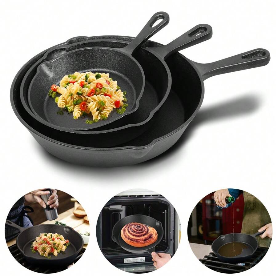 Cast Iron Skillet Set - 3 Pre-Seasoned Non-Stick Heavy Duty Durable Frying Pans - Black - View 1