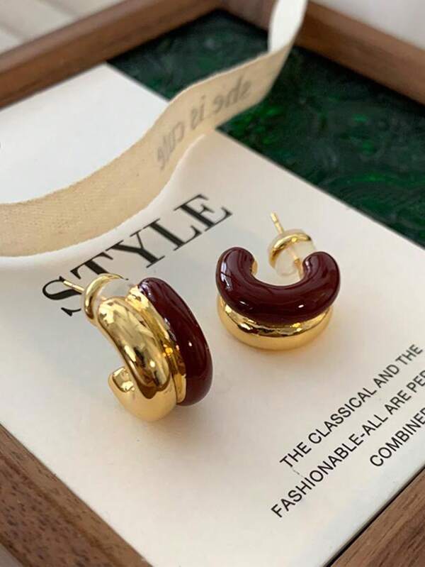 1 Pair Copper Alloy C-Shaped Color Blocked Enamel Earrings Simple And Versatile Jewelry Fashion And Elegant Ear Accessories For Women