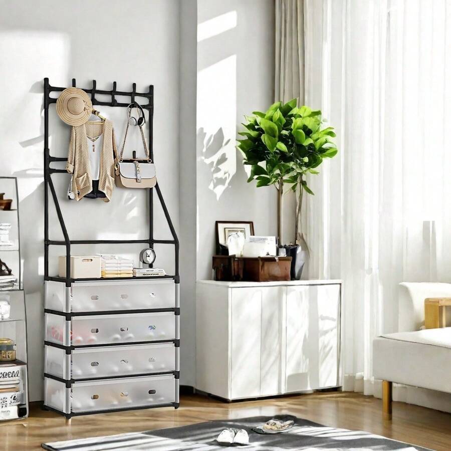 1pc Simple Shoe Rack Multi-Function All-In-One Coat Hanger With Storage Cabinet, Assembly Required, For Entryway Home Use - White - View 1