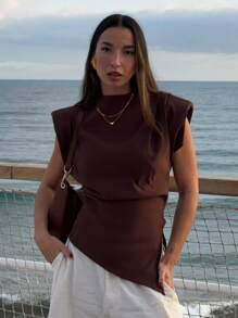 Women Elegant Solid Shoulder Pads Sleeveless Tank Top Office Lady Casual Ruched Asymmetric Zipper Slim T-Shirt Summer - Brown - View 3