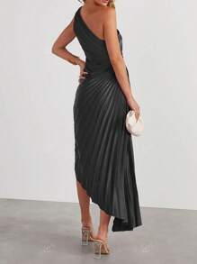 Vestido elegante de mujer de unicolor sin mangas con pliegues y vuelo, vestido de fiesta para cóctel