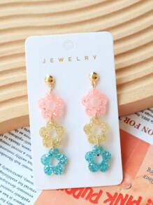 1 Pair Acrylic Bling Bling Flower Earrings In Sweet Pink, Yellow And Blue, Glittering Lovely Design, Suitable For Women As Party/Holiday Gift