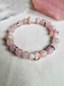 1 件玫瑰石英和蘑菇串珠手链，浪漫宝石爱情魅力，适合女性日常佩戴，适用于周年纪念、派对、聚会和特殊场合 - 粉色 - 查看 1