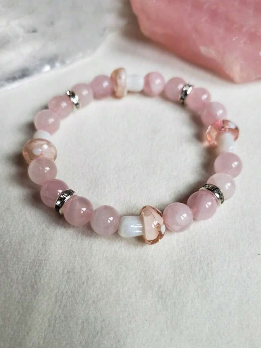 1 件玫瑰石英和蘑菇串珠手链，浪漫宝石爱情魅力，适合女性日常佩戴，适用于周年纪念、派对、聚会和特殊场合 - 粉色 - 查看 1
