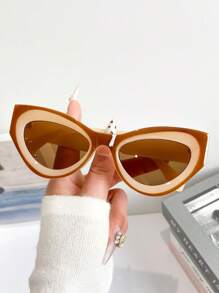 New Fashionable Retro Two-Tone Small Frame Cat Eye Fashion Glasses, Personalized Street Style Glasses For Men & Women, Suitable For Party, Festival, Outdoor, Street Photography, Couple, Casual, Creative, Holiday, Beach