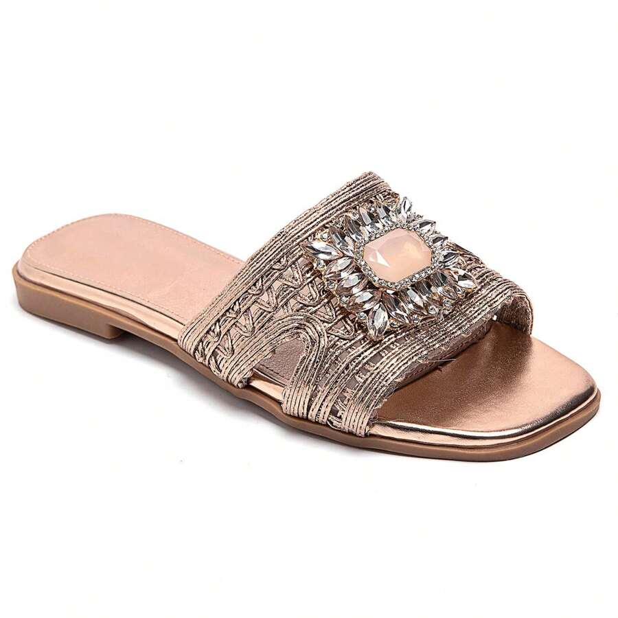 Casual Rhinestone Decorated Woven Strap Flat Sandals - Champagne - View 1
