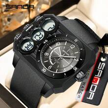 SANDA. SANDA Square Dial Digital Watch For Men Military Army Countdown Sport Quartz Wristwatch Man Large Dial Silicone Multifunctional Chronograph Waterproof Male LED Clock
