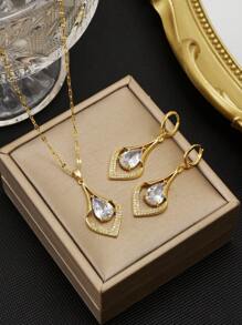 1 Bộ vòng cổ và hoa tai thiết kế hình giọt nước bằng thép không gỉ sang trọng dành cho nữ - Vàng - Xem 1