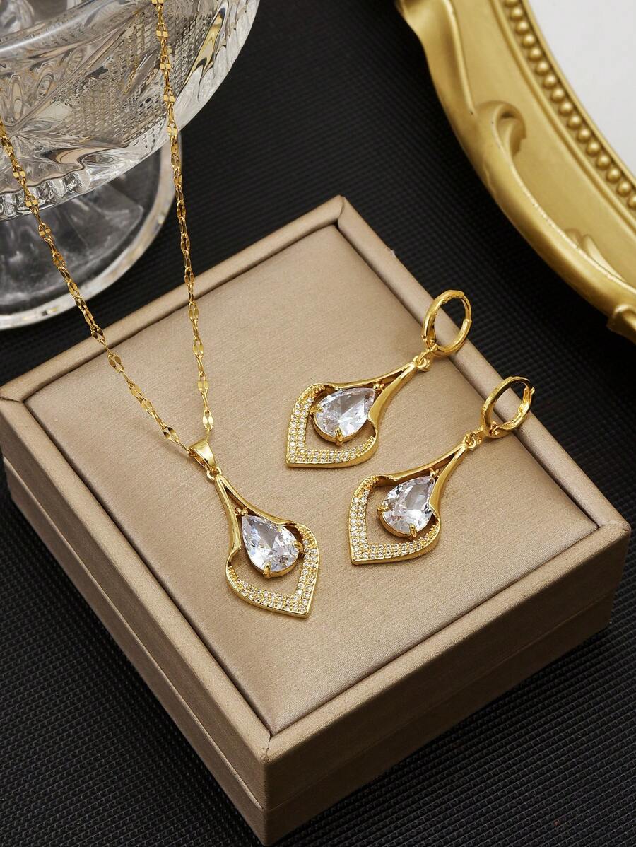 1 Bộ vòng cổ và hoa tai thiết kế hình giọt nước bằng thép không gỉ sang trọng dành cho nữ - Vàng - Xem 1