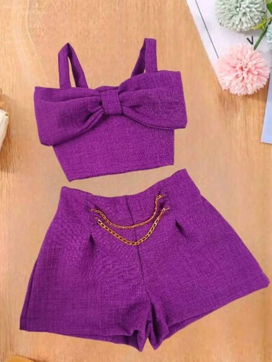 Conjunto Infantil e Juvenil Linhão para Crianças e Adolescentes Conjunto de Cropped Laço e Shorts Corrente CJI002 - Roxo - Visão 1