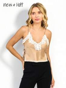 NEW+HOTT Women's Lace Trim Cami, Spaghetti Strap, Comfortable Silky Material, Lined, Side Tie Slit, Gorgeous Lace Mesh Design