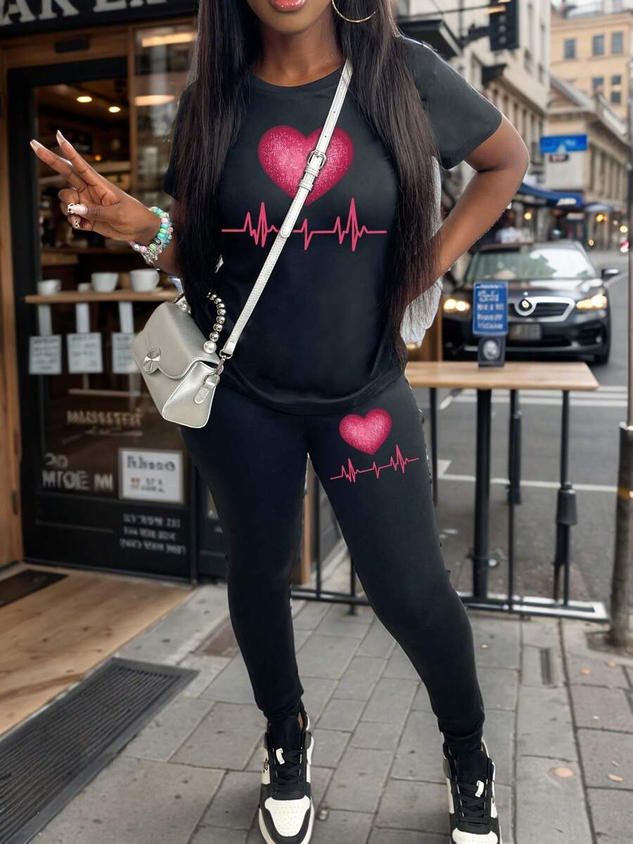 女士情人节上衣情人节爱心T恤休闲圆领短袖长裤套装