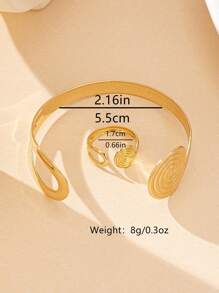 1 Set Geometric Hollow Open Bangle And Open Ring Vintage Elegant Lady Bracelet And Ring Set - Yellow Gold - View 5