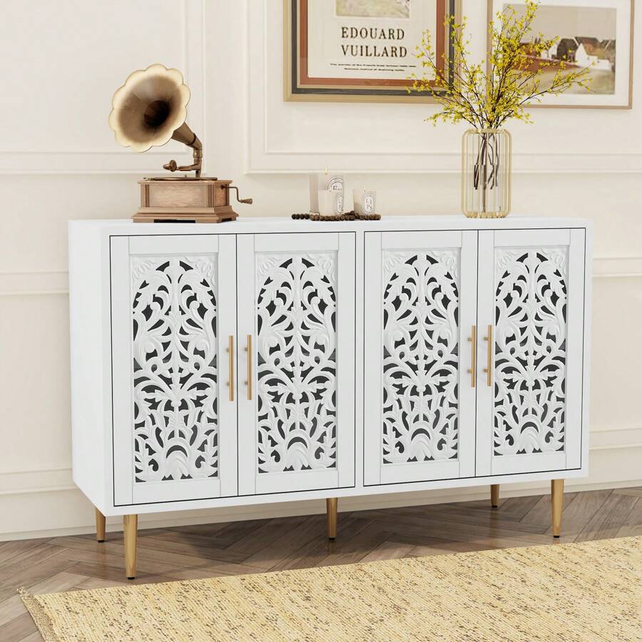 47.8" Accent Cabinet With 4 Doors, Vintage Hollow Carving Buffet Cabinet, Sideboards And Buffets With Storage Credenza For Living Room, Kitchen, Dining Room, Entryway, Hallway - trắng - Xem 1