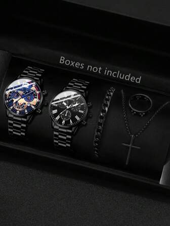 5 件黑色合金表带男士手表套装时尚商务经典石英表手链项链戒指套装适合日常服饰搭配节日礼物