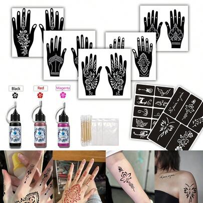 指甲花临时纹身模板、指甲花模板、染料膏套装（纹身模板 + 纹身染料膏）多种图案适合男性和女性，半永久性手部、手腕、肩部、颈部、锁骨、身体彩绘，防水仿纹身模板套件