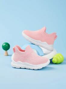1 par de sapatos elásticos infantis One-Push, tênis leves, respiráveis, macios e confortáveis, de cano baixo, para uso diário, com sola antiderrapante - Rosa - Ver 4
