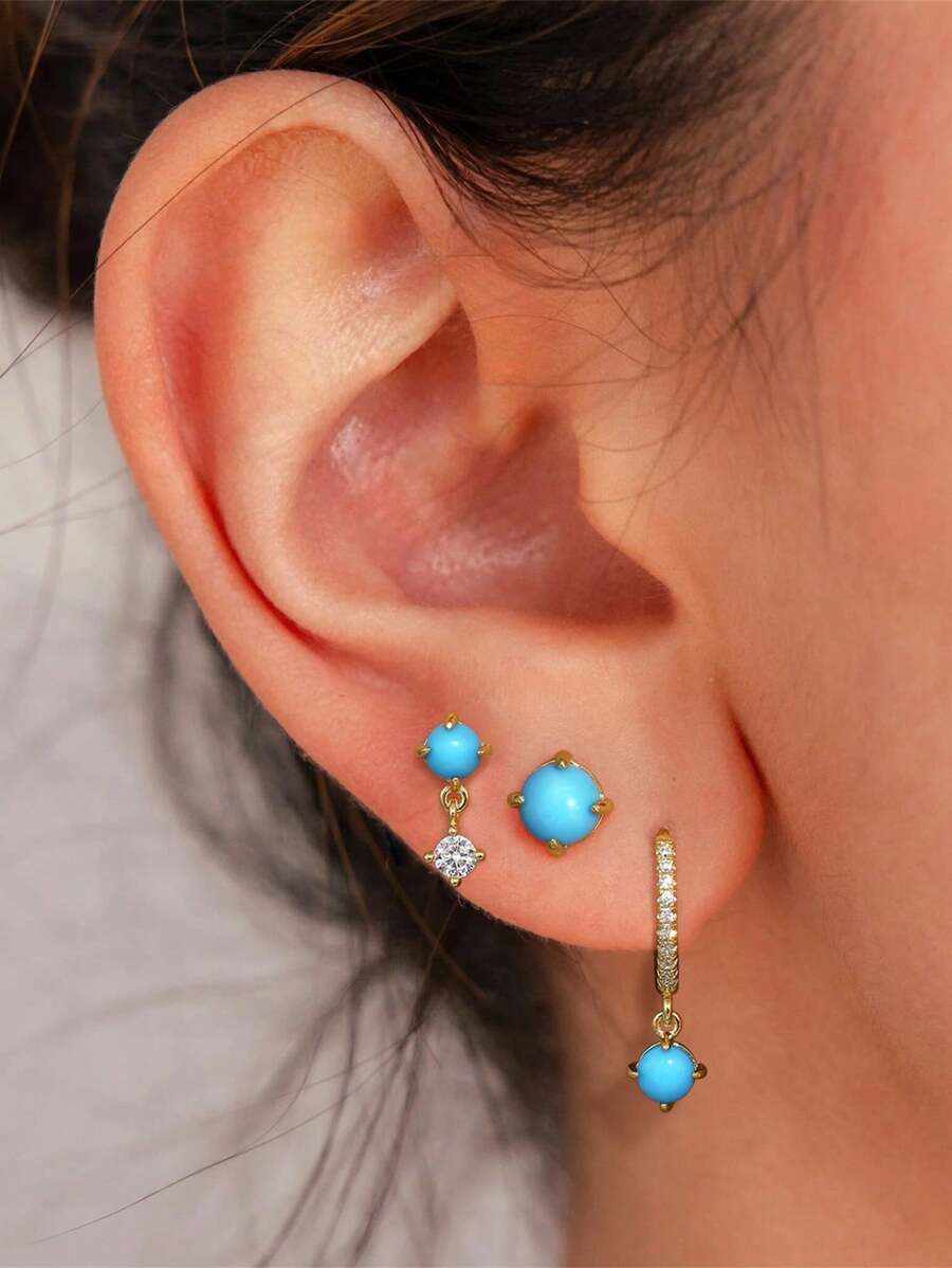 5 件/4 件绿松石 S925 纯银耳钉 女士时尚首饰套装