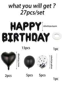 1 pieza/27 piezas Set de decoración para fiesta de cumpleaños negra - Globos negros con forma de corazón, globos con confeti de colores, pancarta negra de "Feliz Cumpleaños", suministros reutilizables para fiestas de cumpleaños - Negro - Ver 3