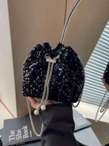 1pc Chain Drawstring Closure PVC Glitter Bucket Bag With Metal & Pearl Decor, Bling Glam Women Fashion Evening Party Shoulder Crossbody Cosmetic Clutch Gift