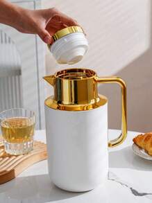 1pc 1000ML/33.8oz Vacuum Insulated Bottle, Minimalist Gold Plated Design, Press Button Water Dispenser, Glass Liner, Coffee Pot Back To School - Multicolor - View 7