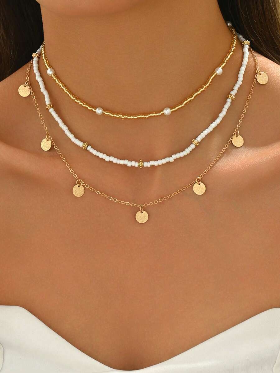 Bộ 3 chiếc/Bộ vòng cổ chuỗi hạt ngọc trai phong cách Boho với đĩa kim loại & tua rua, vòng cổ đại dương bãi biển thủ công cho phụ nữ, thích hợp để đeo hàng ngày và đi nghỉ - Hạt gạo + đĩa - Xem 1