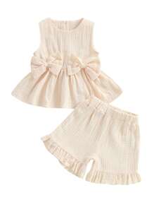 Toddler Girl Summer Clothes Solid Color Bow Round Neck Tank Top Elastic Waist Ruffled Shorts 2 Piece Set Cute Casual Playtime Outfit