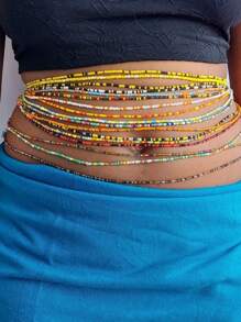 10pcs/Set Boho Style Pink Beaded Waist Chain And Body Chain Jewelry Set For Women - Pink - View 4