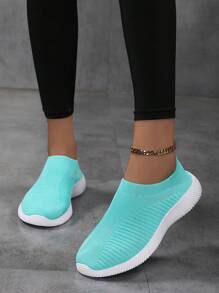 女士轻便舒适黑色平底休闲便鞋，透气针织 - 綠色 - 查看 6