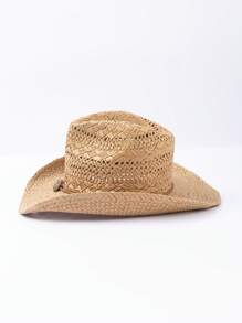 1pc Boho Casual Hollow Woven Straw Hat, Sun Protection, Vacation Hat, Fashion Versatile Windproof Adjustable String Design, - Western Cowboy Straw Hat - View 5