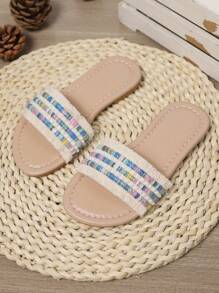 Boho Style Fluffy Tassel Slides For Girls, Woven Beige Material - Beige - View 2