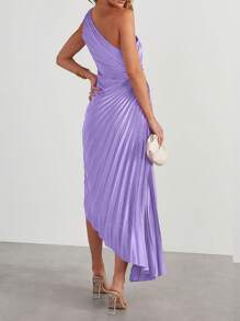Women's Solid Color Side Cutout Ruched Flared Asymmetric Shoulder Elegant Dress - Màu tím - Xem 4