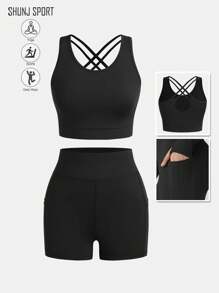 Spring Summer Women Yoga Outfit, Backless Criss-Cross Racerback Yoga Top And Tight Fit Slim Yoga Shorts Set - Black - View 2