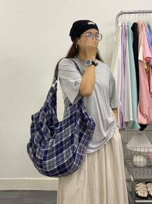 Geantă de umăr cu model carouri albastre, geantă crossbody pentru femei, practică minimalistă ocazională, geantă pliabilă de capacitate mare, țesătură ușoară, moale, multifuncțională, design cu fermoar, potrivită pentru muncă, studiu, călătorii, unisex