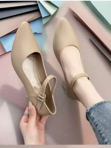 2025 New Spring Pointed-Toe Mid-Heel Slip-On Comfort Single Buckle Strap Dress Pumps - Apricot - View 5
