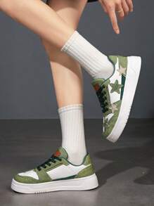 Star Print Casual Sneakers, Sports Shoes, Plus Size Women Shoes, Retro & - Green - View 4