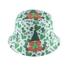 Cartoon Leprechaun Clover Print Reversible Bucket Hat, Fashionable Unisex Sun Protection Hat For Street Wear