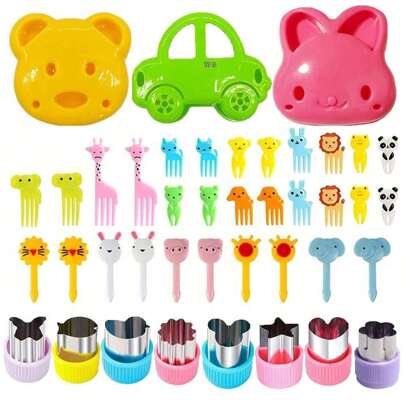 Juego de 3 piezas/41-46 piezas - Molde para sándwiches de dibujos animados, cortador de vegetales y frutas, molde DIY para hacer pan, tenedor para frutas de dibujos animados, reutilizable