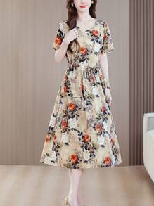 Nuovo abito estivo casual ed elegante da donna con stampa, maniche corte, lunghezza midi