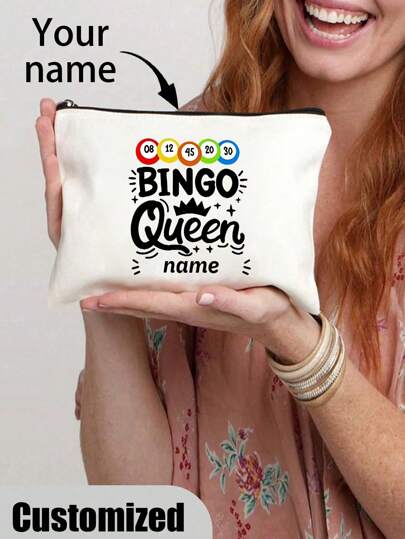 1 peça de bolsa personalizada Bingo Queen - Bolsa de maquiagem com padrão Lucky Bingo, bolsa de armazenamento de viagem, organizador de zíper para presente de festa, bolsa de cosméticos para maquiagem - estojo leve - para mulheres e meninas - presente perfeito para aniversário e viagem
