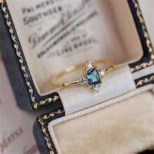 1 件 925 纯银几何蓝色方形方晶锆石镶嵌戒指，优雅经典，适合求婚珠宝 - 金黃色 - 查看 2