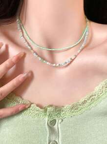 1 Set Mint Green Beaded Layered Necklace, Summer Collarbone Chain Beach Accessory - Multicolor - View 2
