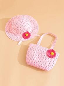 2pcs/Set Girls Flower Bucket Hat & Flower Bag, Suitable For Girls Spring And Summer Outings, Vacation Matching, Everyday Wear, Sun Protection - Pink - View 2
