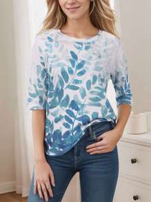 SANOPY Women's T-Shirts,Womens Tops,Going Out Tops For Women,Womens Tops 3/4 Sleeve Shirts Round Neck Loose Casual Blouses Floral Print Tshirts - 藍色 - 查看 4