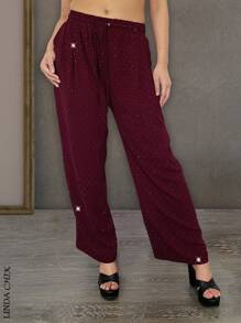 Women's Wide Leg Pants, Modern, Sexy And Casual Design, Small And Elegant Artificial Rhinestones And Decoration All Over The Pants, Polyester, Cotton And Spandex Fabric, Suitable For Spring And Summer Seasons, Functional Pockets, Natural Waist Adjustment With Elastic And Drawstring. Soft, Cool And Light. - 紅色 - 查看 4
