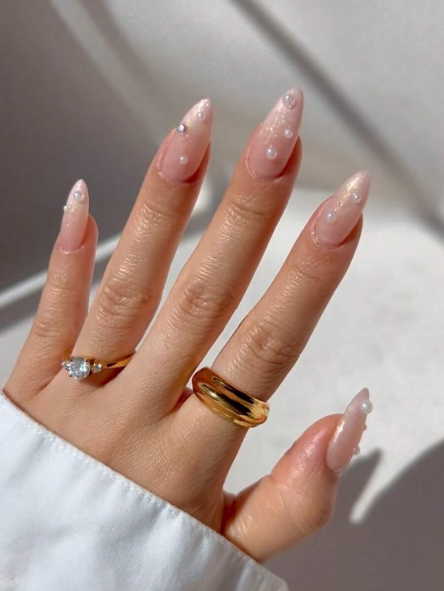 24 片杏仁形按压假指甲贴片，珍珠渐变甜美酷炫法式女士指甲贴片，新款时尚指尖，配 1 片果冻胶和 1 片摩擦条，适合女性派对、舞会、日常休闲装，可拆卸可重复使用的按压指甲 - 彩色 - 查看 1